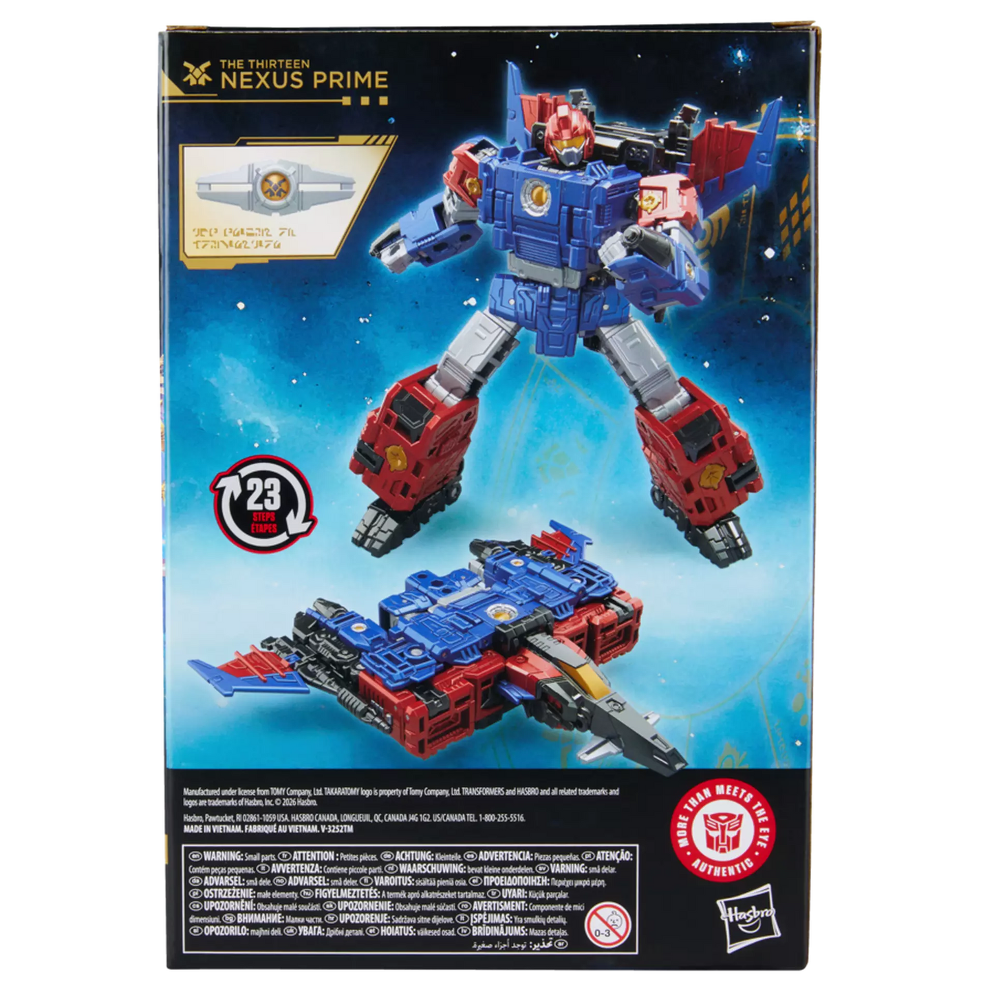 Toy figure packaging with robot and vehicle modes on a blue background