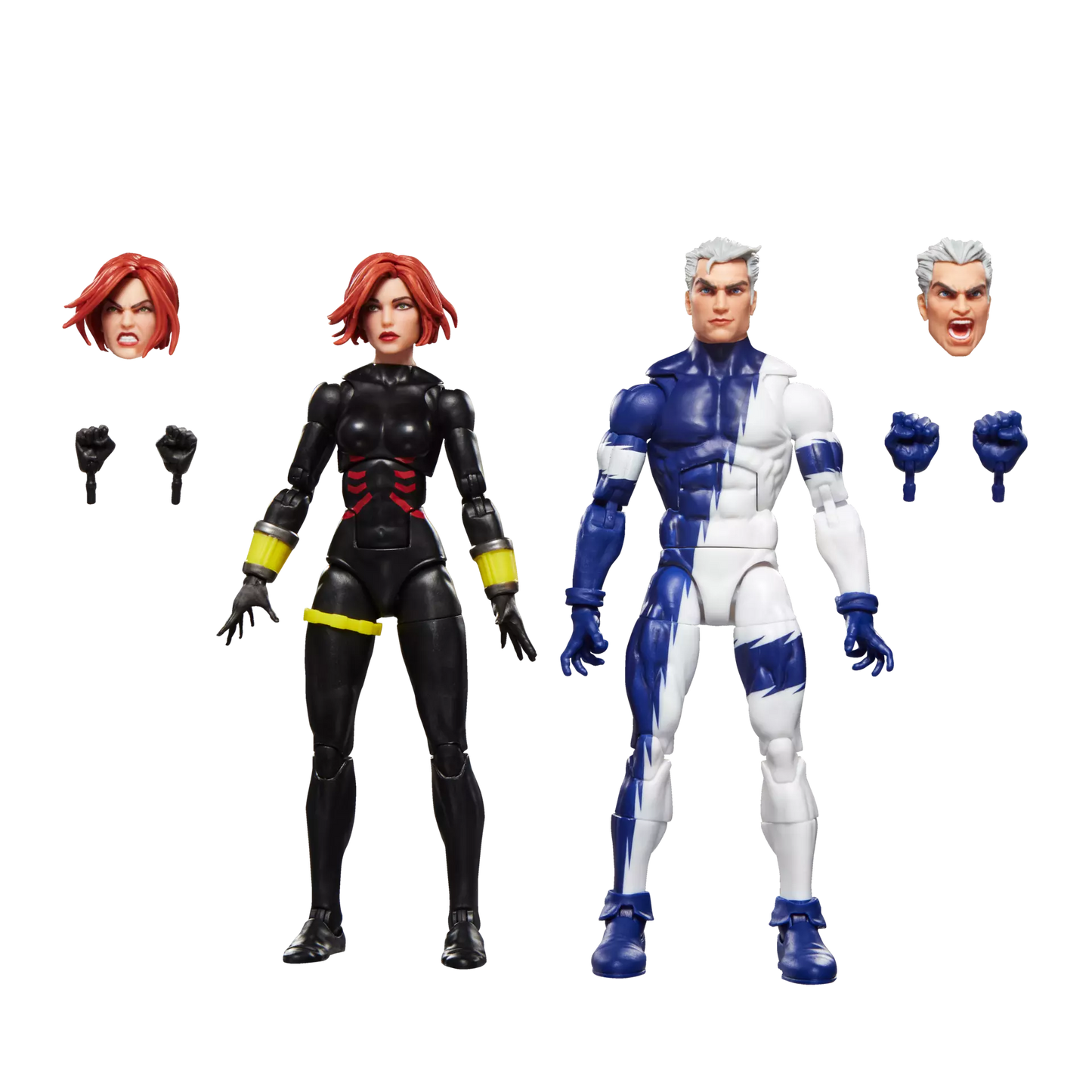 Two action figures with interchangeable heads on a white background
