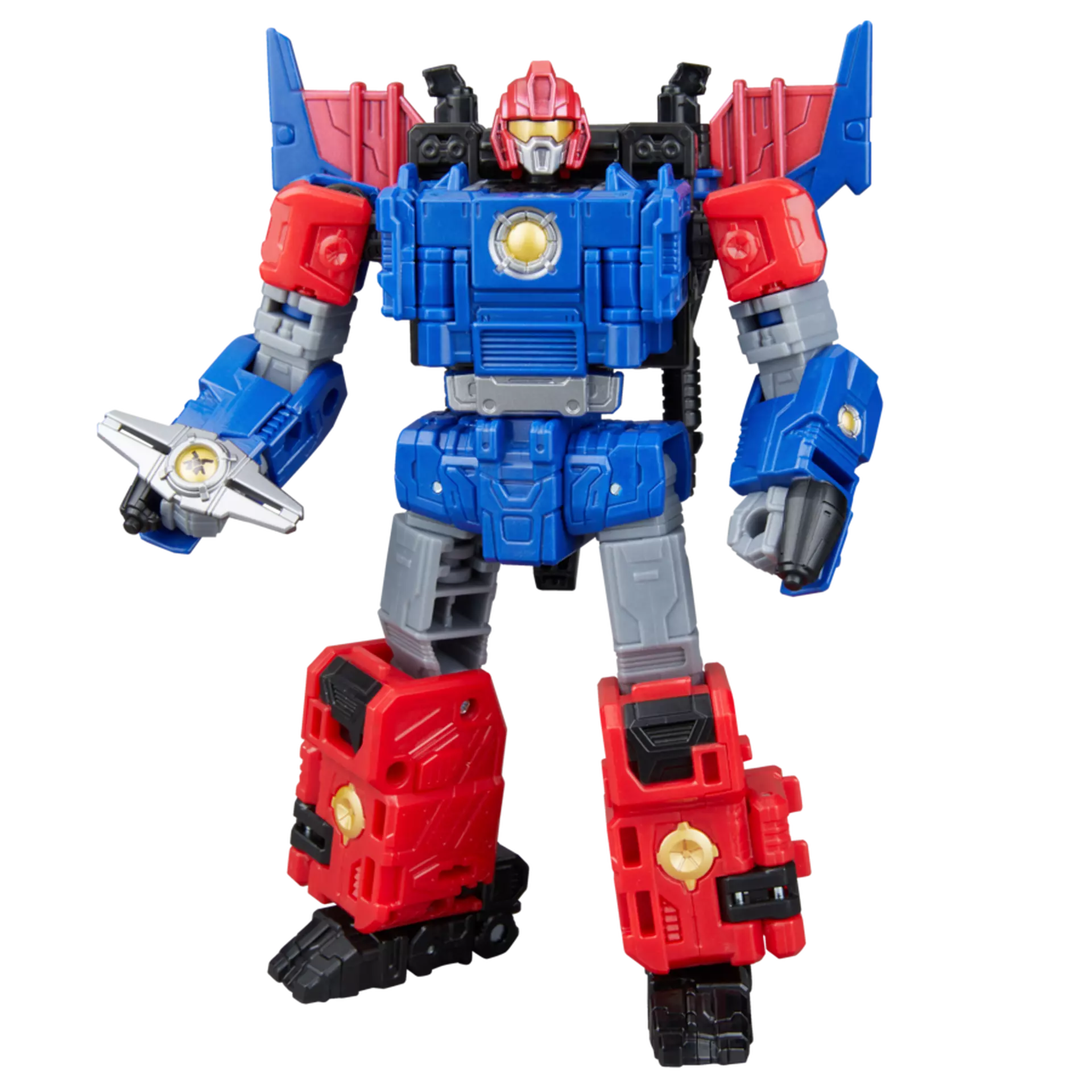 Toy robot figure with red, blue, and gray colors on a white background