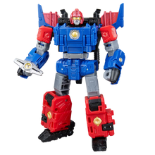 Toy robot figure with red, blue, and gray colors on a white background