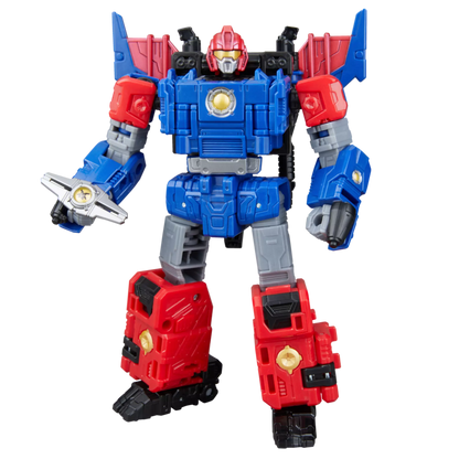Toy robot figure with red, blue, and gray colors on a white background