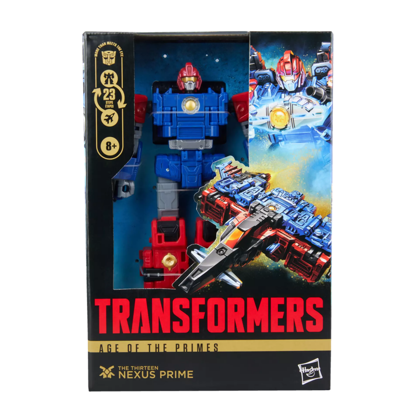 Transformers action figure packaging with robot and vehicle modes on a white background
