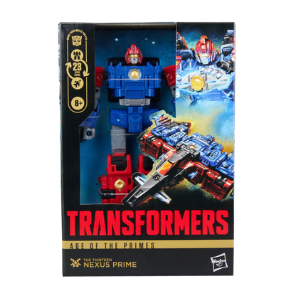 Transformers action figure packaging with robot and vehicle modes on a white background