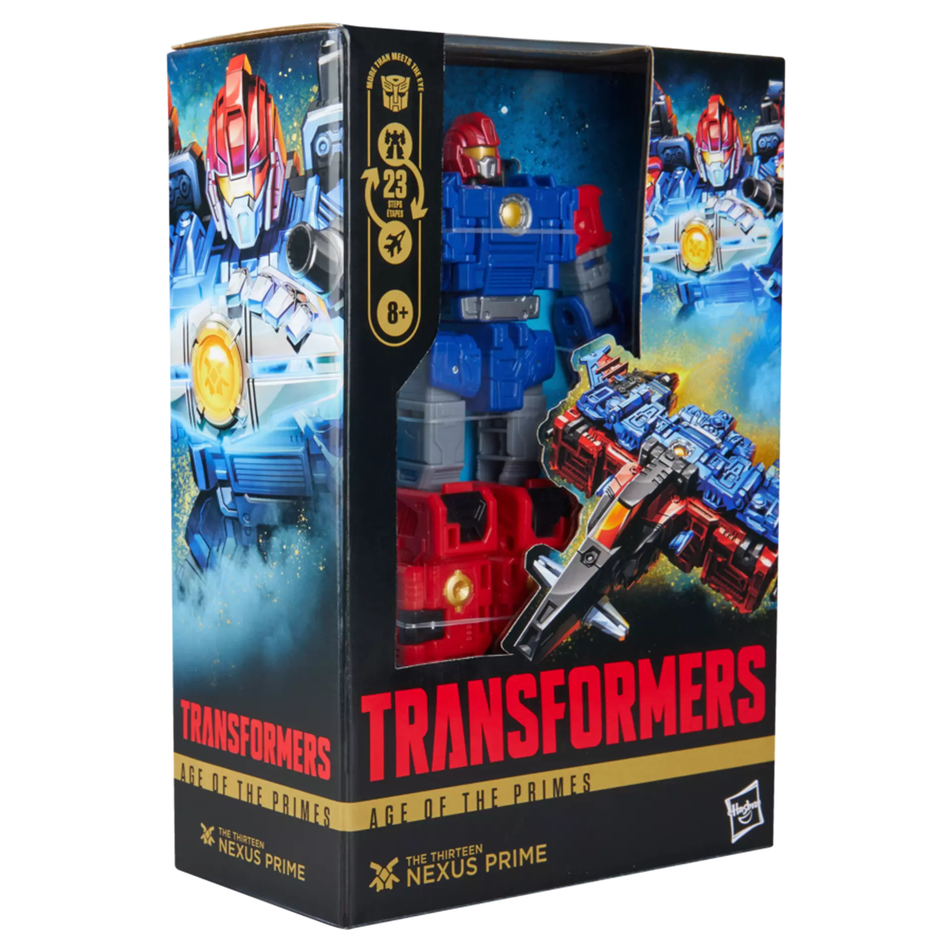 Transformers toy figure in packaging with 'Age of the Primes' branding