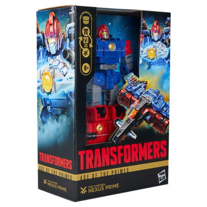 Transformers toy figure in packaging with 'Age of the Primes' branding
