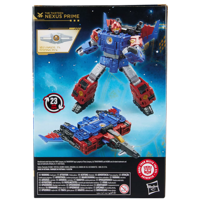 Toy figure packaging with robot and vehicle modes on a blue background