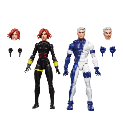 Two action figures with interchangeable heads on a white background