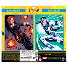 Marvel Legends Black Widow and Quicksilver toy packaging box, featuring illustrated portraits of both characters on a yellow and blue background with Marvel branding.
