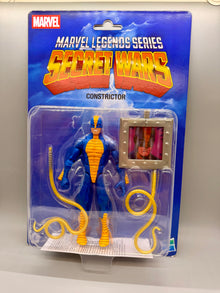 Marvel Legends Series Secret Wars Constrictor action figure in its original blue blister card packaging, featuring the blue and yellow figure with a coiled yellow snake accessory.