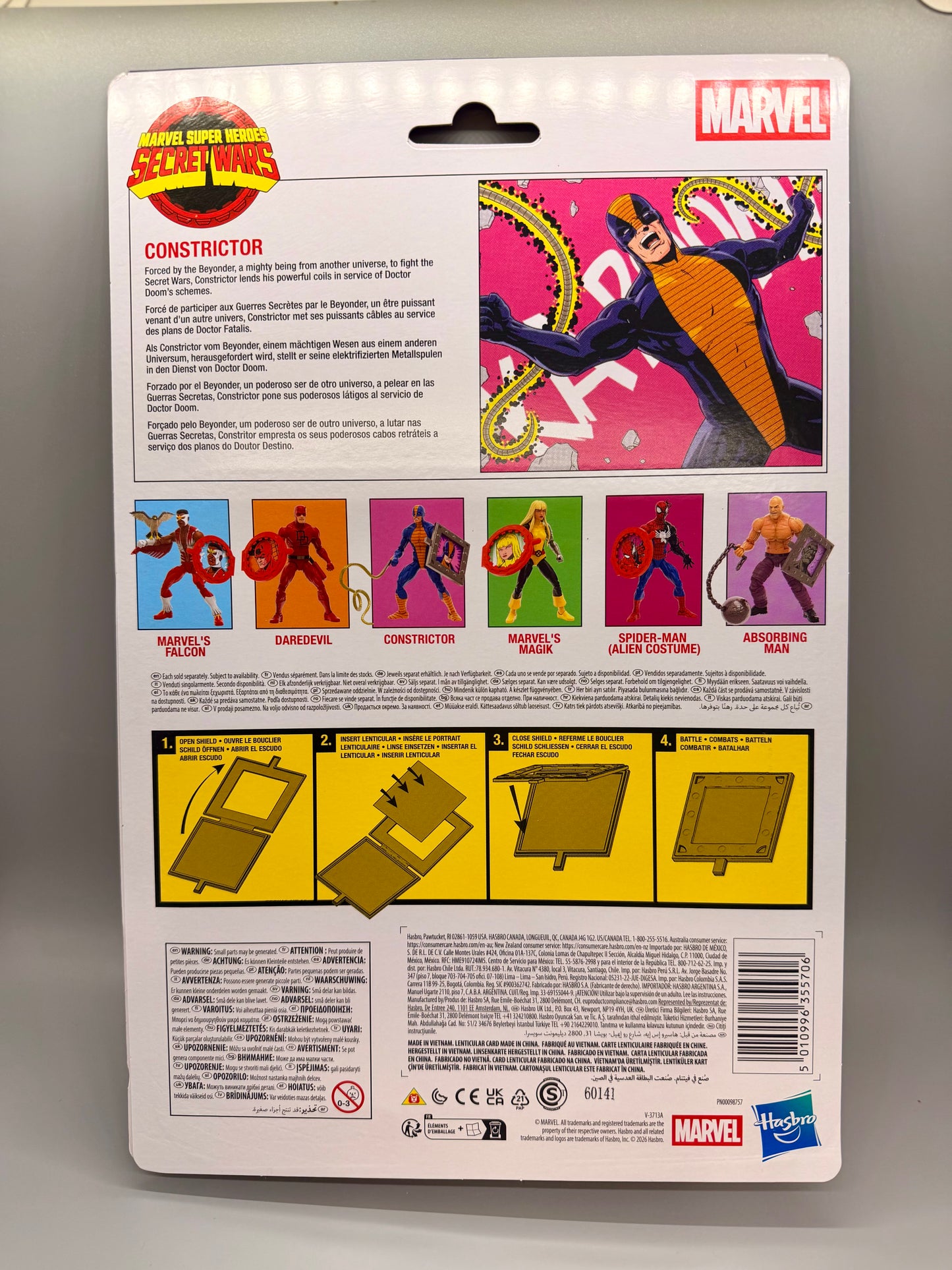 Back of a Marvel Constrictor action figure package, showing character art, feature descriptions, color options, assembly steps, and branding including Marvel, Spider-Man, and Hasbro.