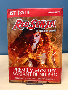 Red Sonja 1st Issue Premium Mystery Variant Blind Bag carded comic book box by Dynamite,