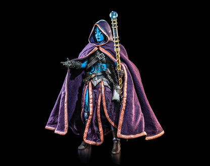 A blue-skinned fantasy character figure wearing a flowing purple hooded cloak with gold trim, holding a staff, posed against a solid black background. Azza Four Horsemen