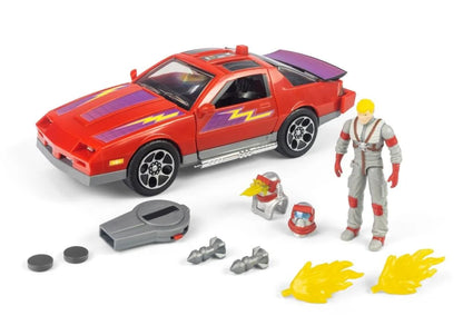 Toy red car with accessories and figures on a white background